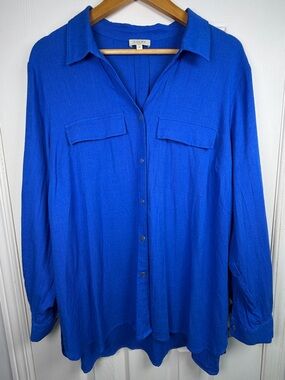 Laura Plus Cobalt Blue Linen Blend Button Down Shirt Women's 18 Relaxed Fit